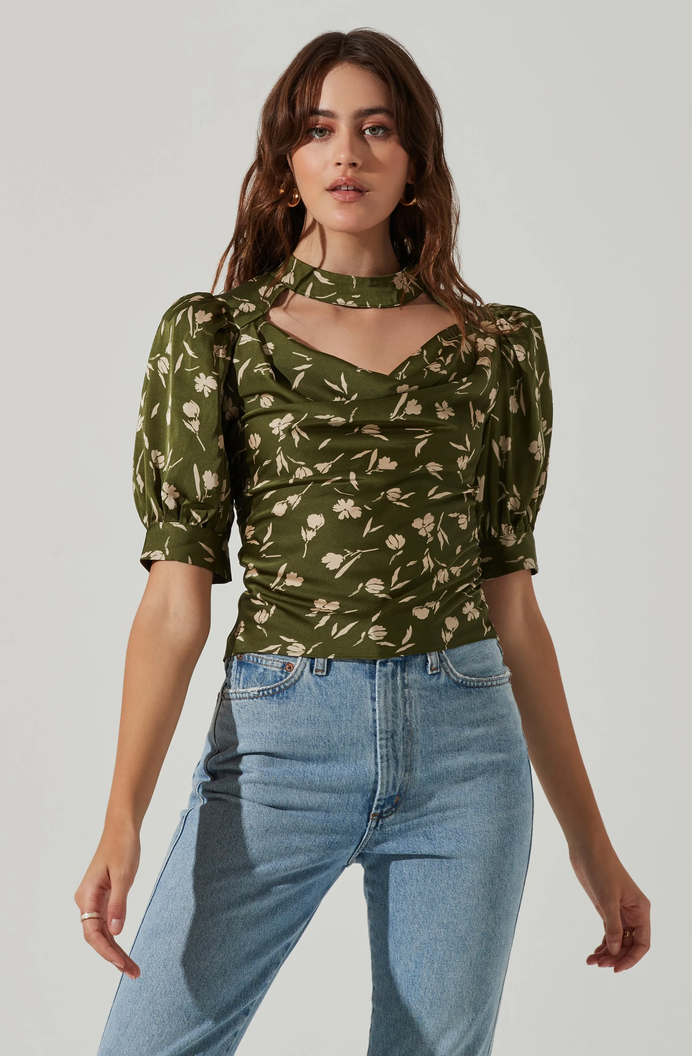Floral Mock Neck Cowl Drape Top sold by Astr