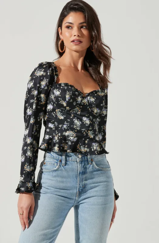 Long Sleeve Sweetheart Cinch Bust Floral Top sold by Astr