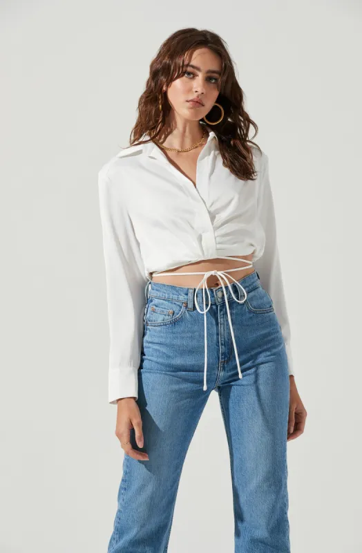 Perry Satin Wrap Front Tie Waist Top sold by Astr
