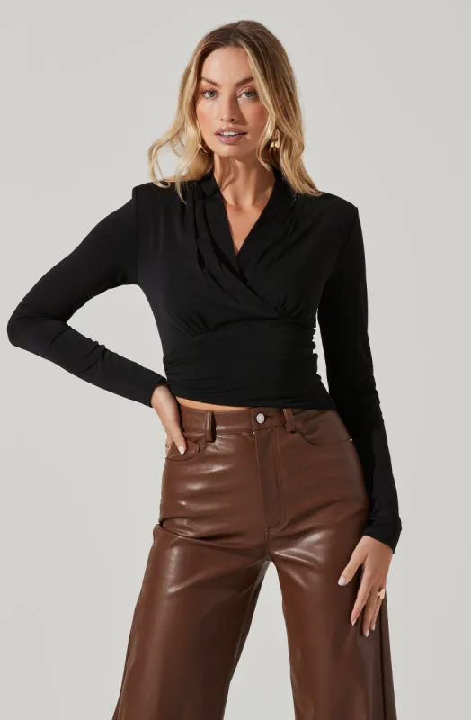 Shawl Collar Wrapped Long Sleeve Top sold by Astr