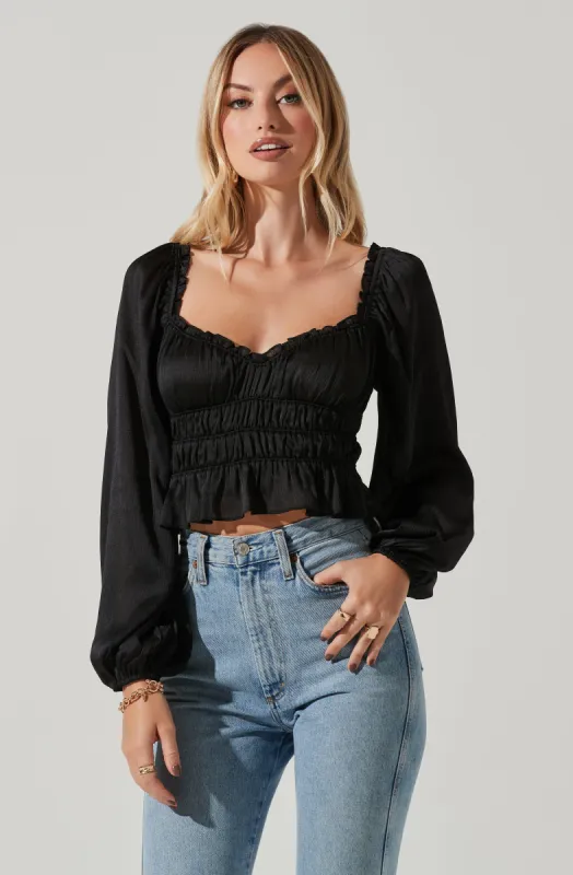 Rowan Satin Peplum Hem Long Sleeve Top made by Astr