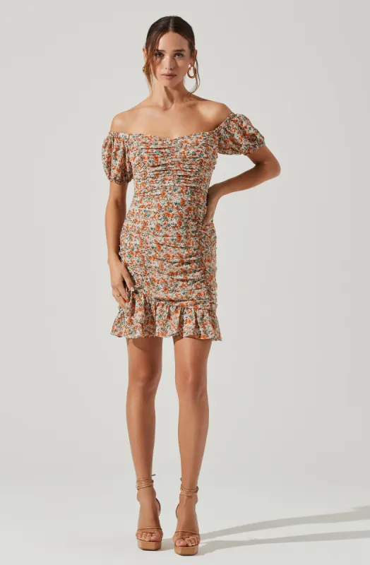 Ruched Ruffle Hem Floral Mini Dress sold by Astr