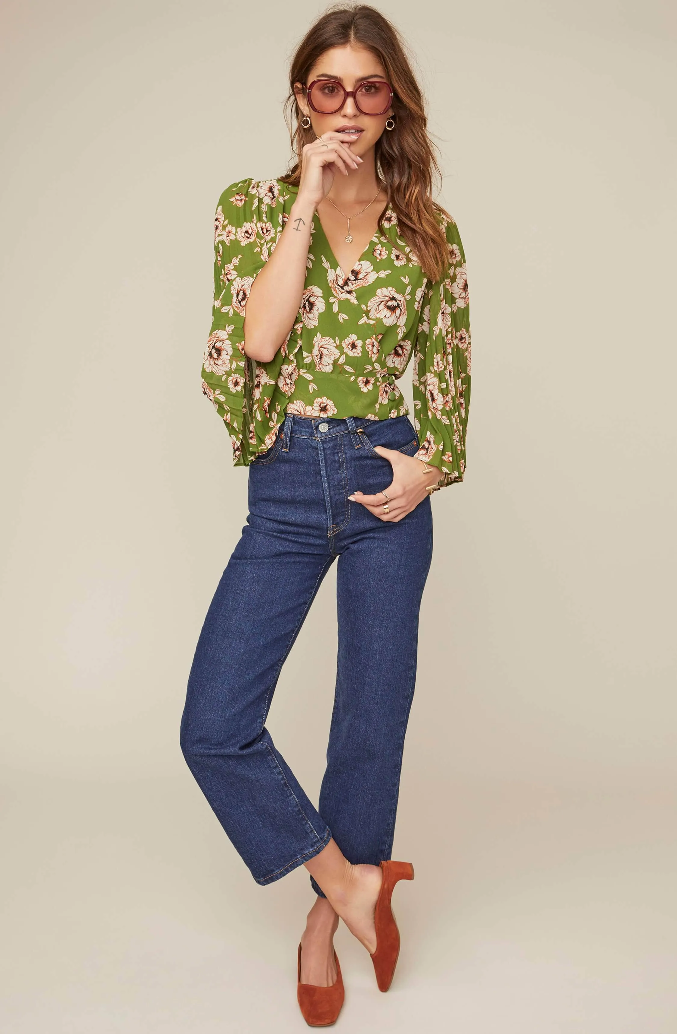 Pleated Sleeve Floral Wrap Top sold by Astr product image thumbnail 2