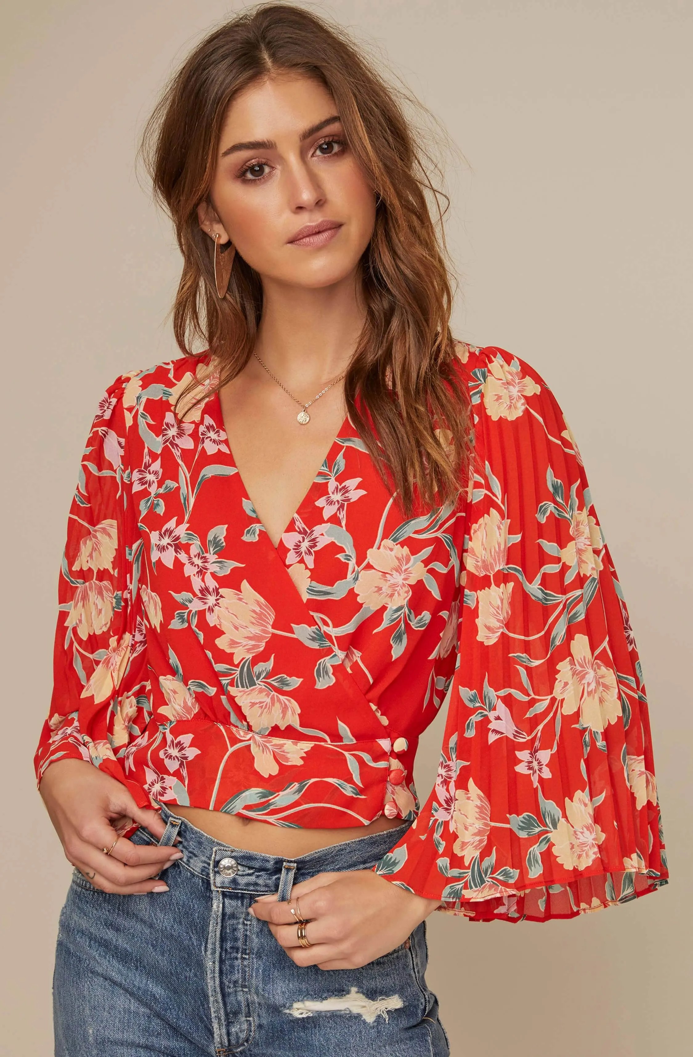Pleated Sleeve Floral Wrap Top sold by Astr product image thumbnail 5