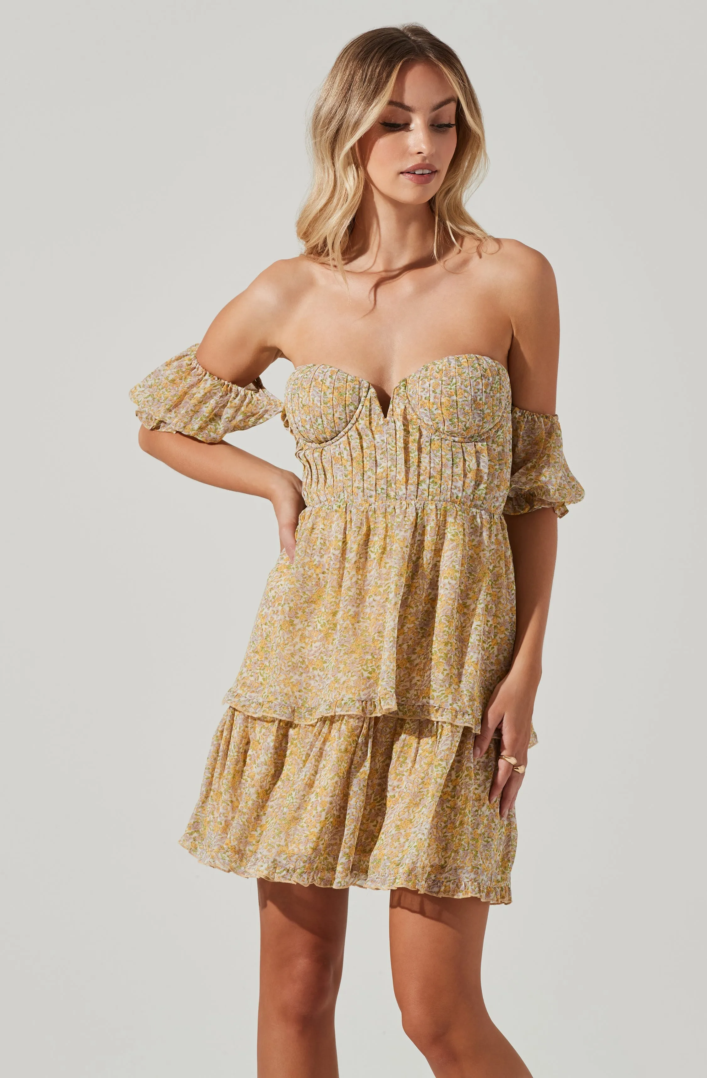 Off Shoulder Two Tier Floral Mini Dress sold by Astr product image thumbnail 3