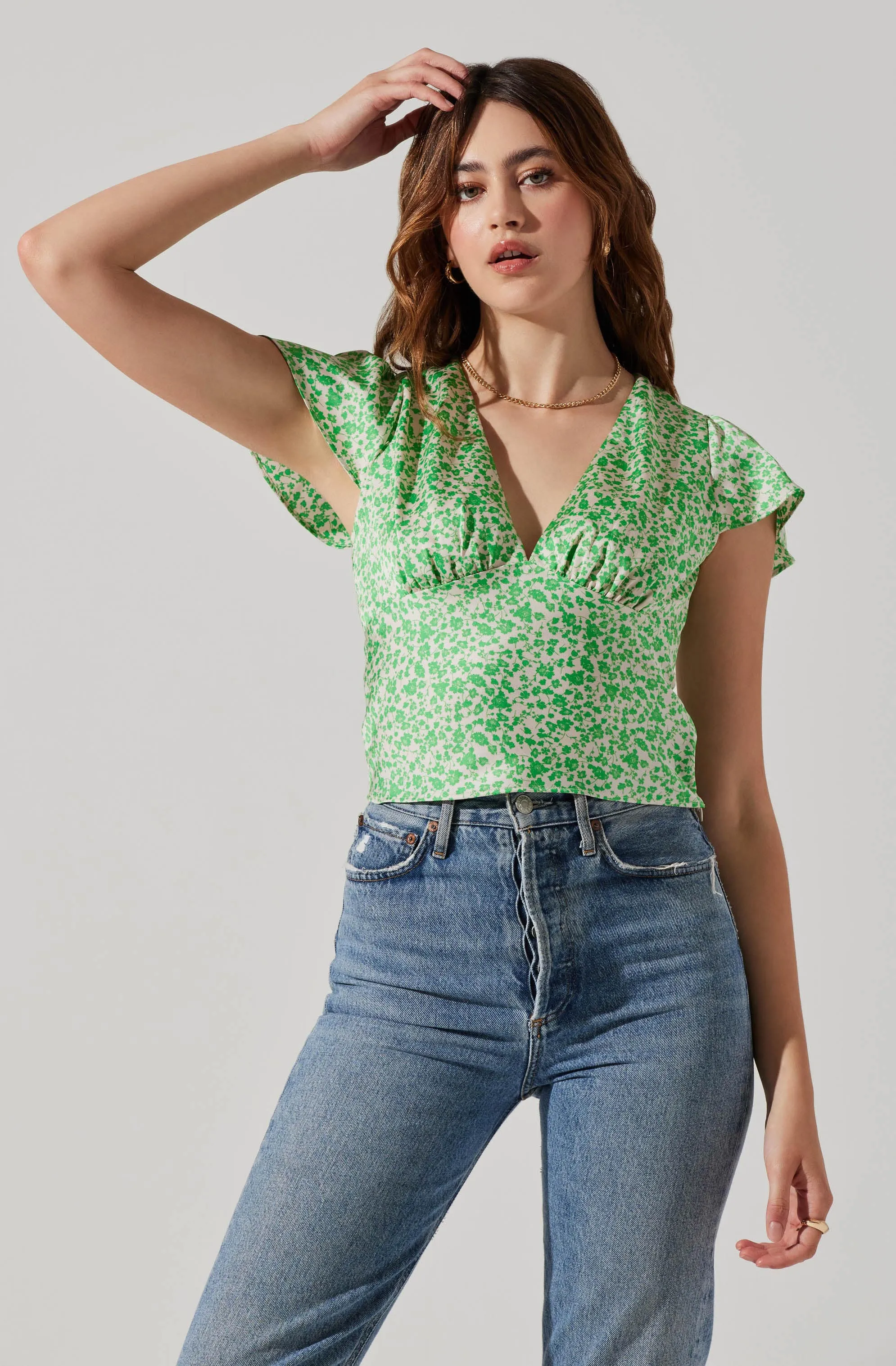 Satin V Neck Flutter Sleeve Top sold by Astr product image thumbnail 3