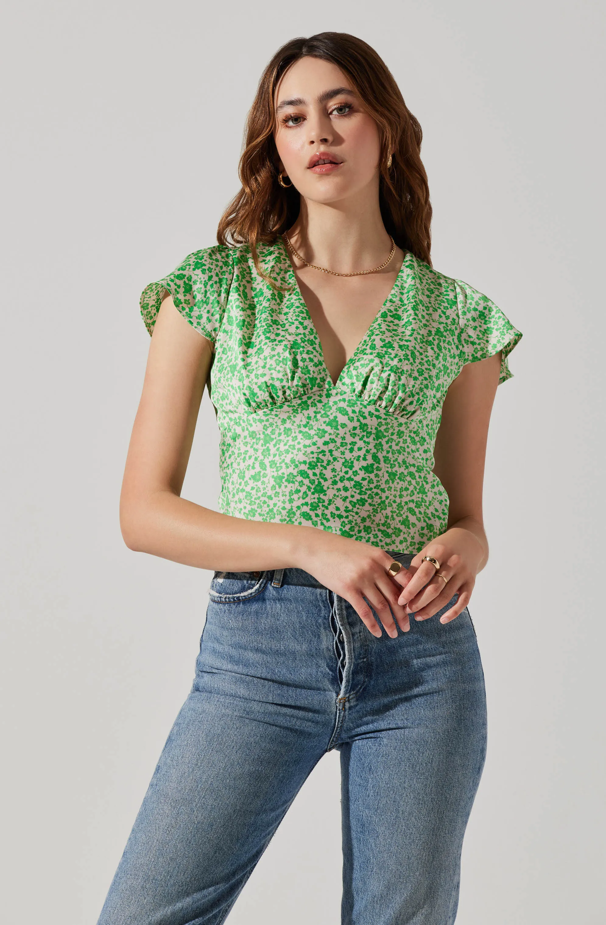 Satin V Neck Flutter Sleeve Top sold by Astr