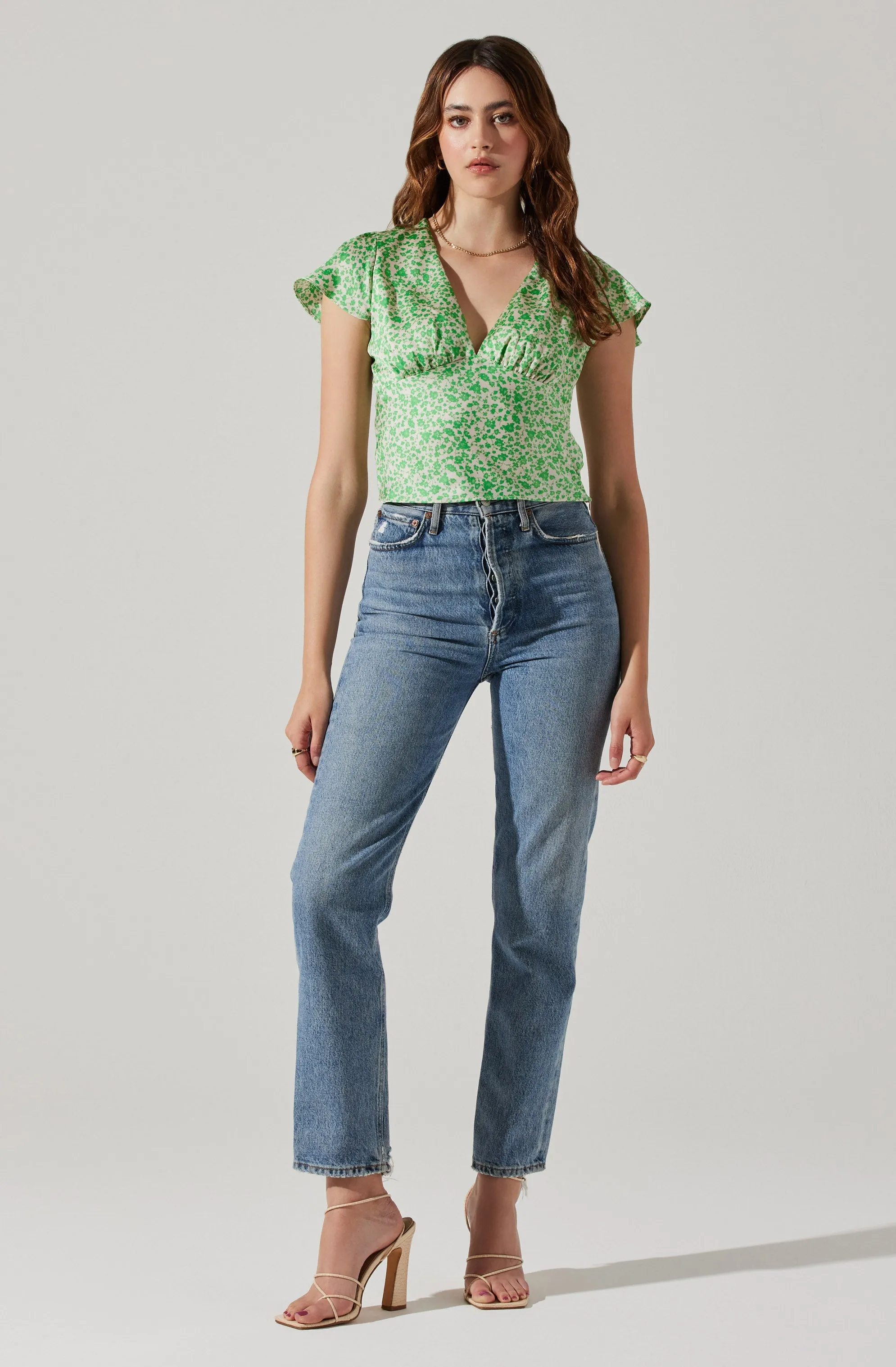 Satin V Neck Flutter Sleeve Top sold by Astr product image thumbnail 4