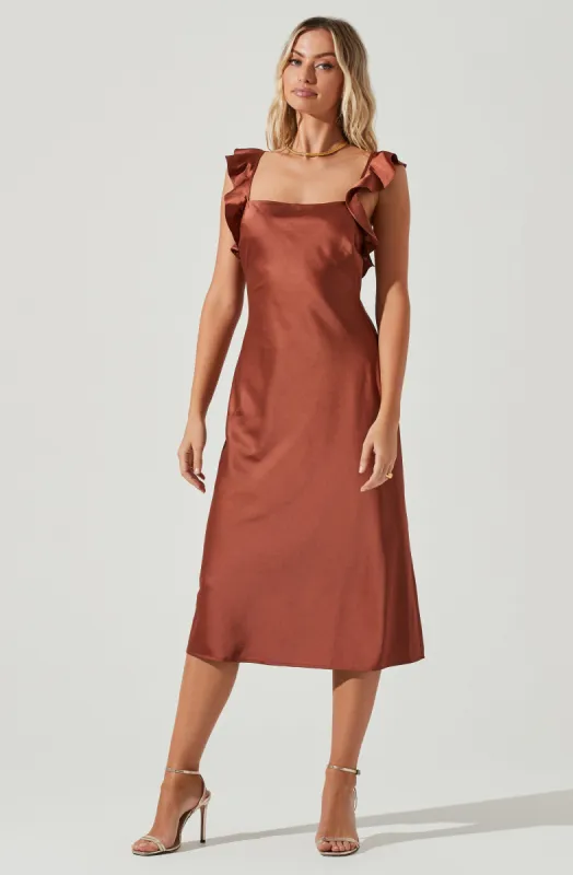 Rina Ruffle Strap Satin Midi Dress sold by Astr
