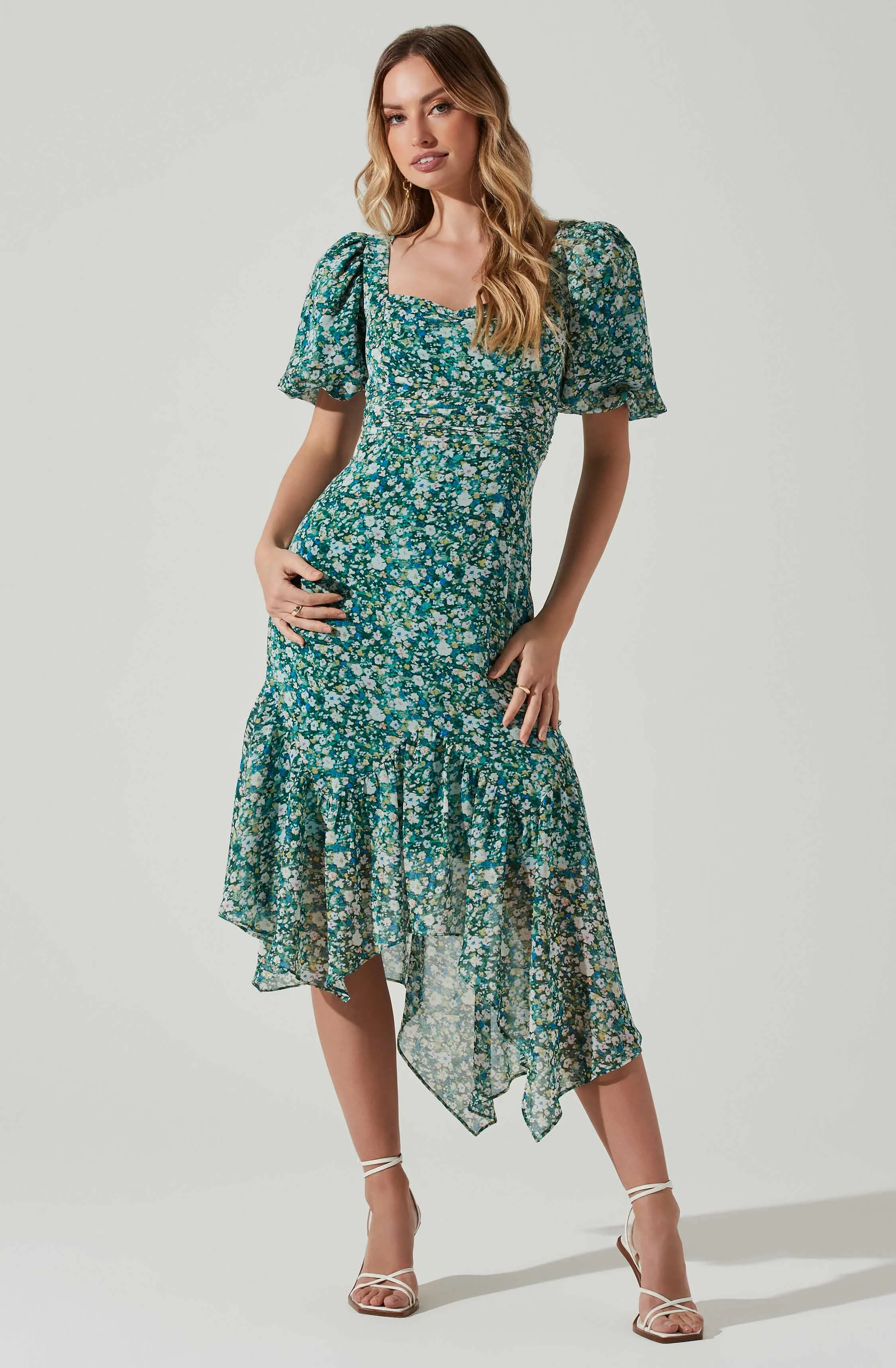 Floral Short Sleeve Asymmetrical Hem Midi Dress sold by Astr