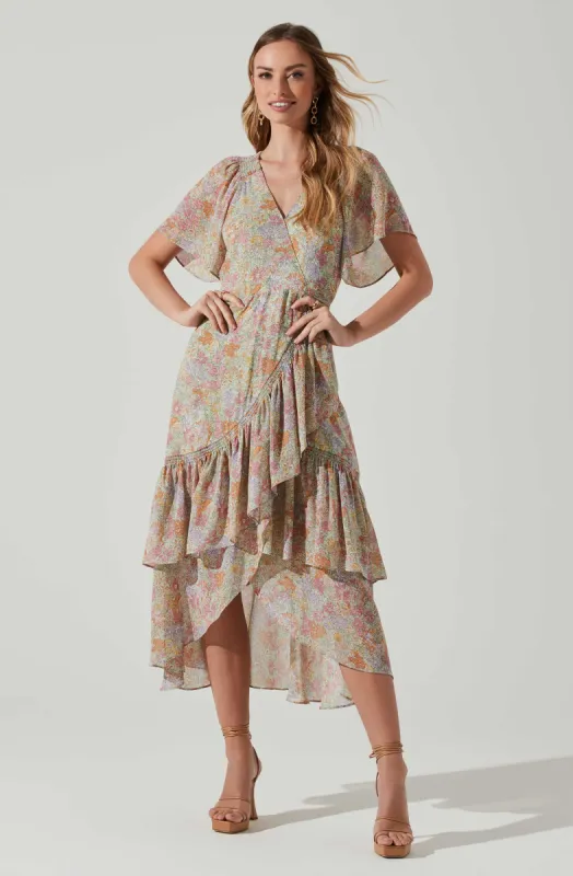 Adella Floral Flutter Sleeve Ruffle Midi Dress sold by Astr
