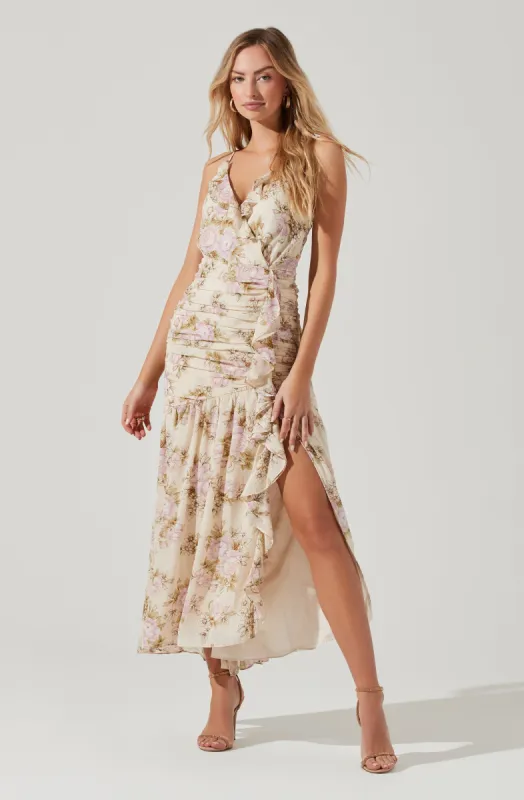 Kiana Floral Ruched Ruffle Maxi Dress sold by Astr