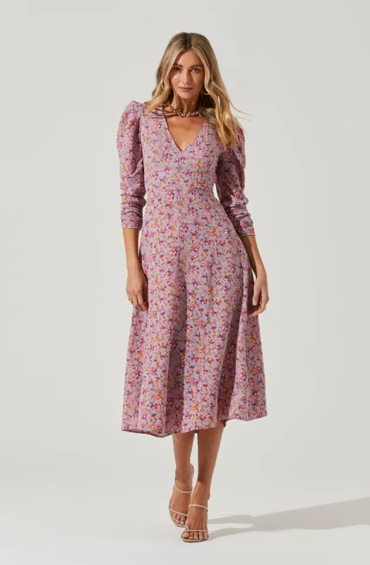 Puff Sleeve V Neck Back Cutout Midi Dress sold by Astr