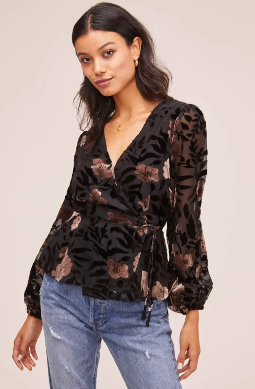 Velvet Burnout Wrap Top sold by Astr