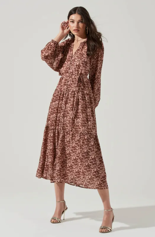 Long Sleeve Floral Button Front Tiered Midi Dress sold by Astr