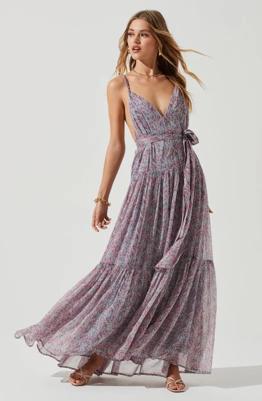 Eartha Floral Plunge Tie Waist Maxi Dress made by Astr