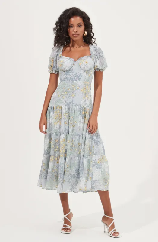 Soho Floral Sweetheart Puff Sleeve Midi Dress sold by Astr