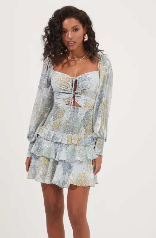 Marietta Floral Cinched Bust Cutout Mini Dress sold by Astr