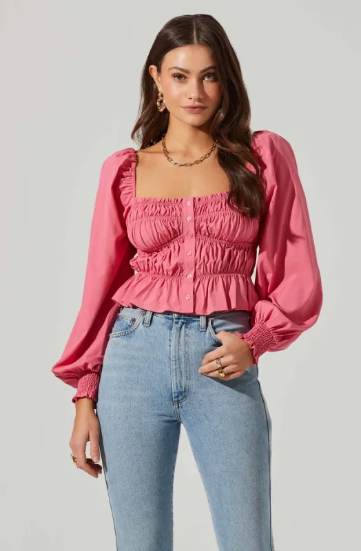 Long Sleeve Smocked Square Neck Top sold by Astr