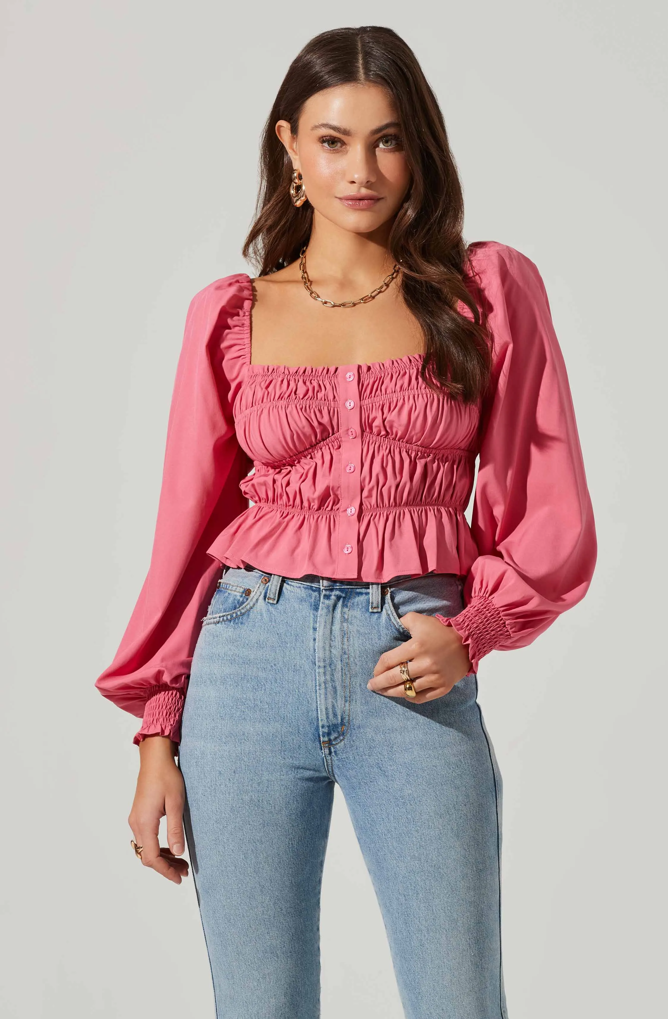 Long Sleeve Smocked Square Neck Top sold by Astr