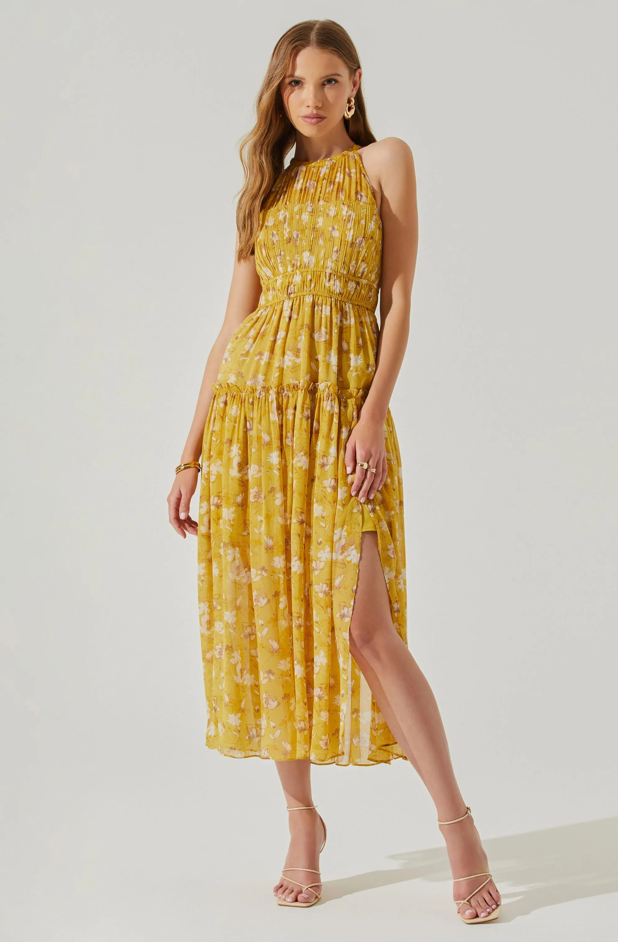 Maryam Floral Tie Neck Tiered Midi Dress sold by Astr