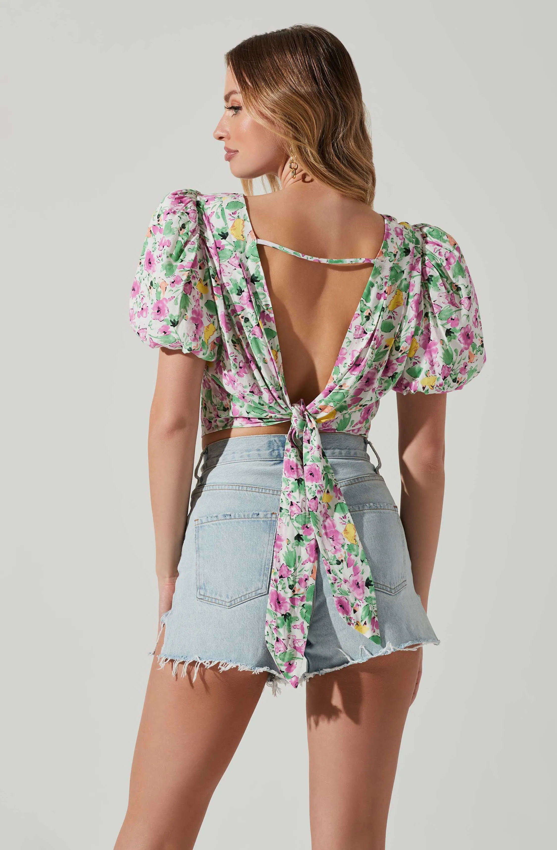Floral Bubble Sleeve Tie Back Top sold by Astr
