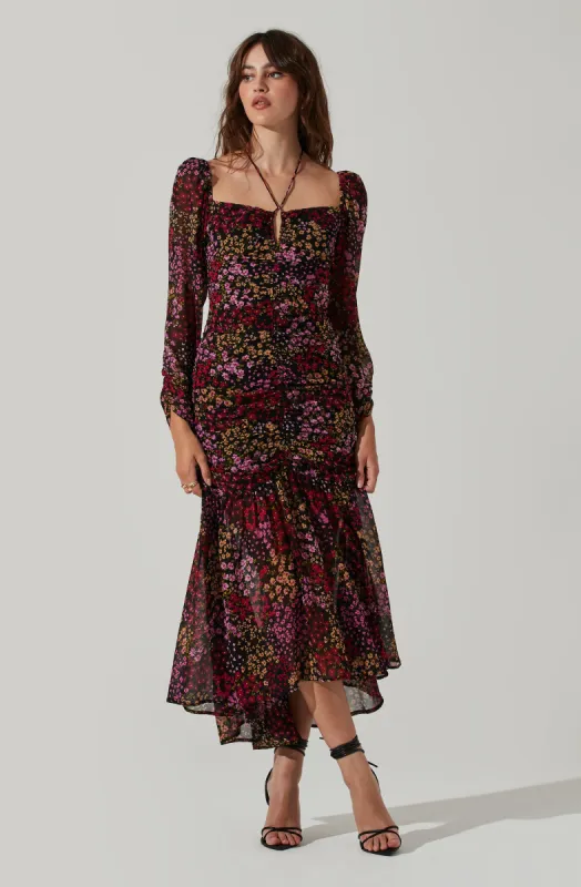 Athena Floral Ruched Long Sleeve Midi Dress sold by Astr