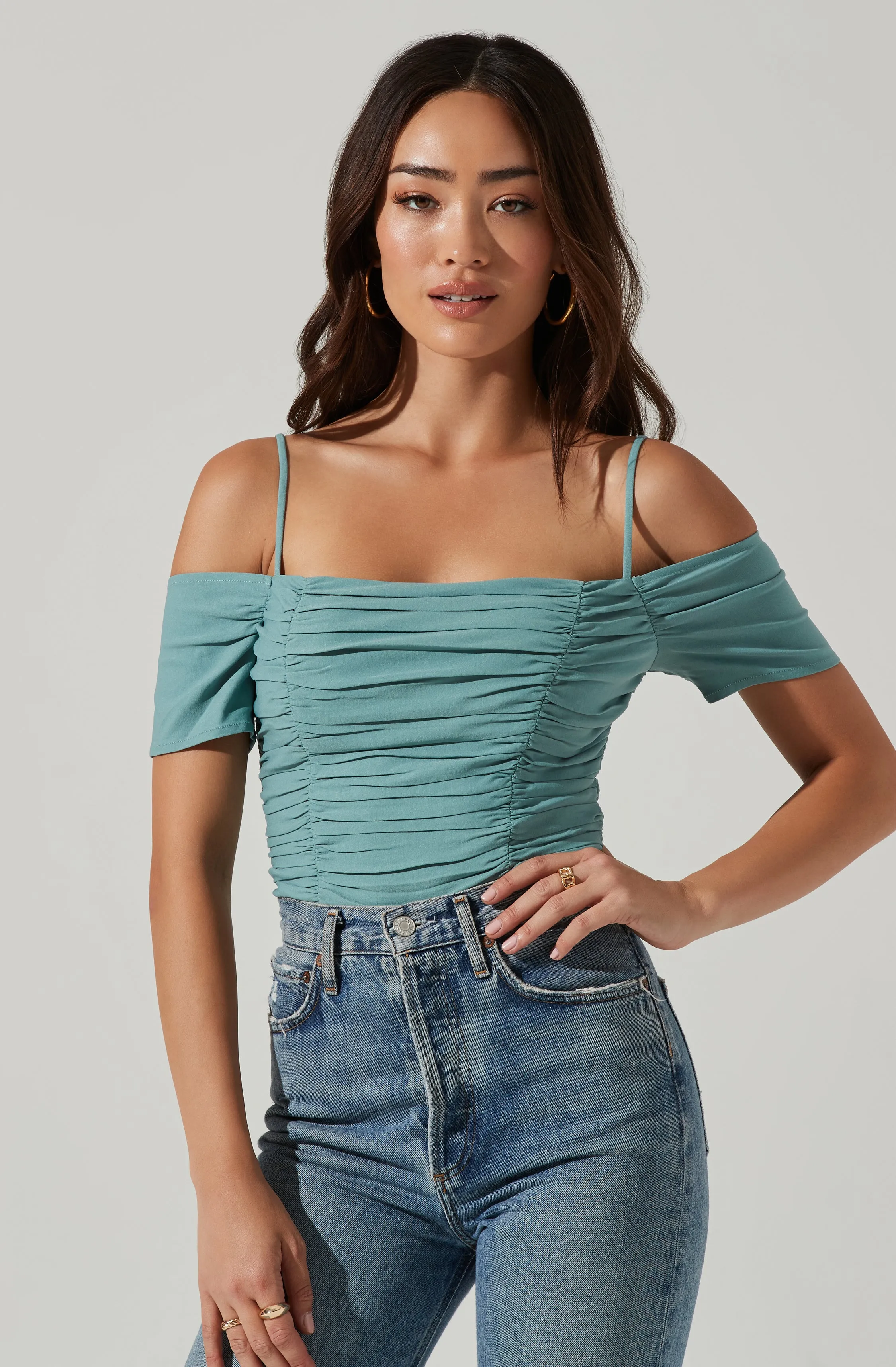 Ruched Off Shoulder Top sold by Astr