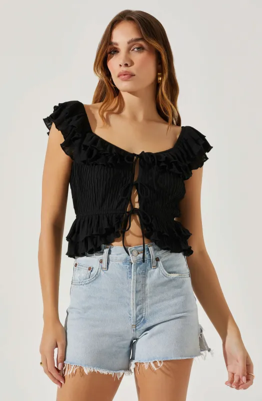 Tiered Ruffle Sleeve Tie Front Top sold by Astr
