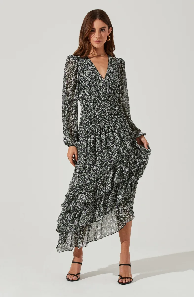 Long Asymmetrical Ruffles Long Sleeve Asymmetrical Multi Ruffle Floral Midi Dress | Parallel