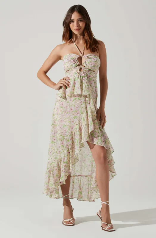 Vivee Floral Asymmetrical Halter Maxi Dress sold by Astr