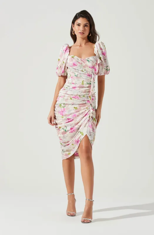 Emma Floral Ruched Bubble Sleeve Midi Dress sold by Astr