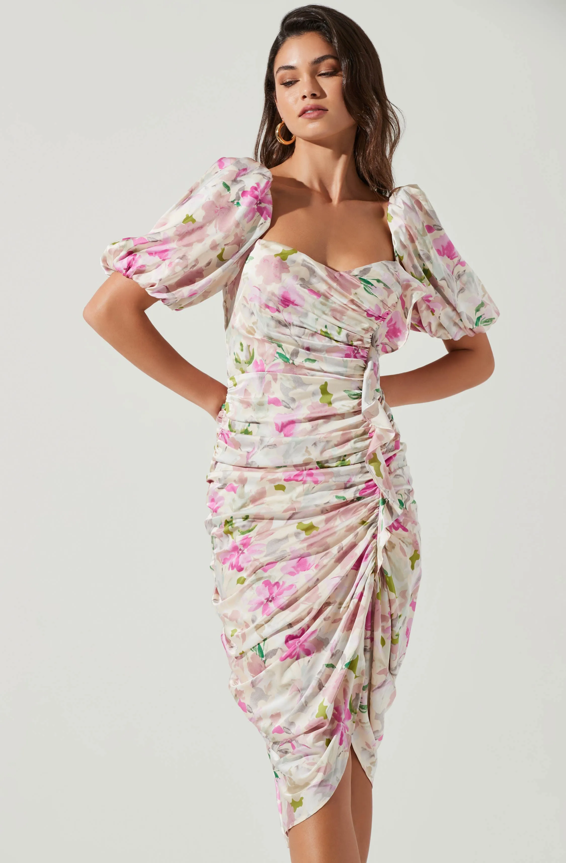 Emma Floral Ruched Bubble Sleeve Midi Dress sold by Astr product image thumbnail 2
