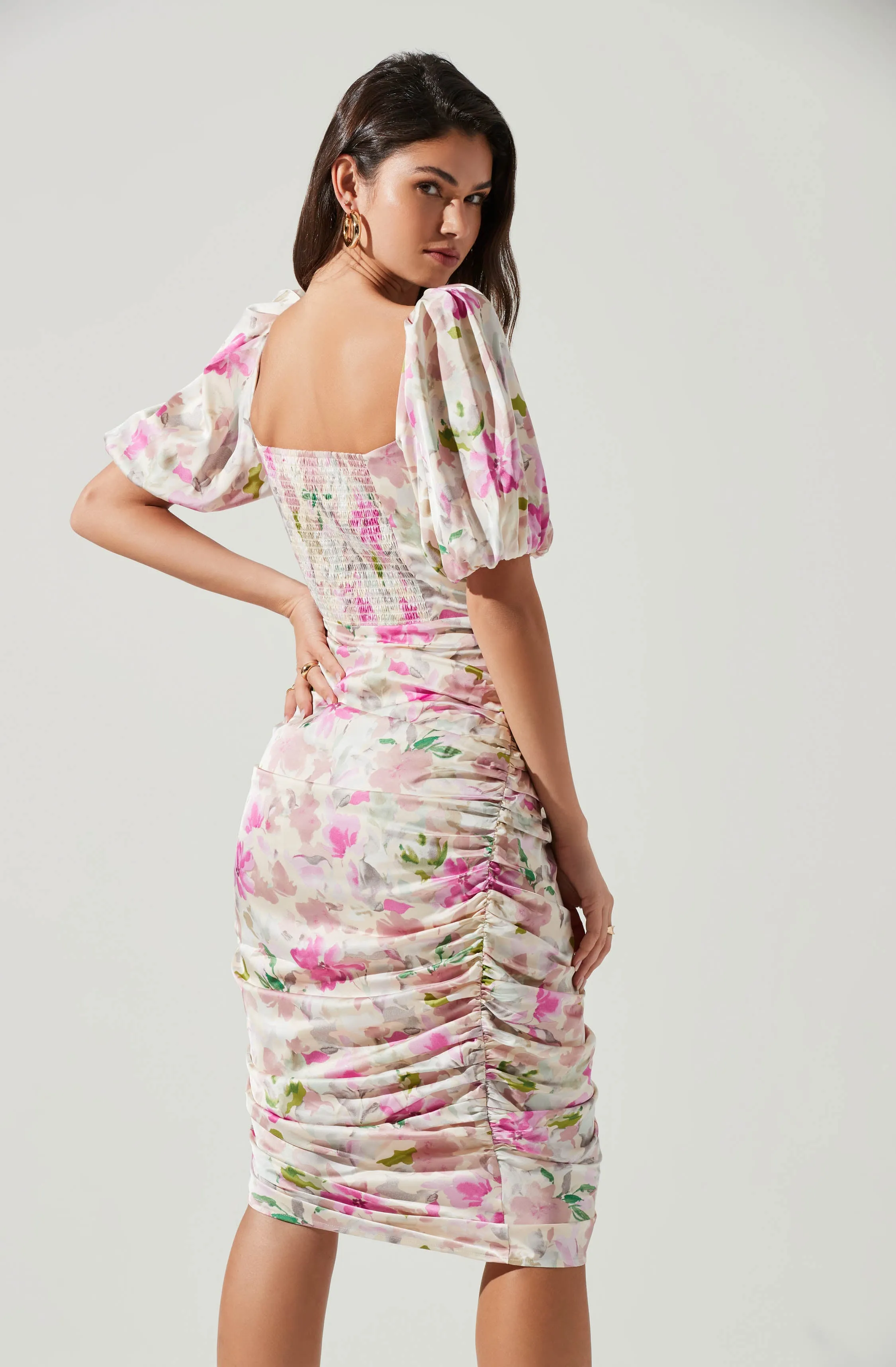 Emma Floral Ruched Bubble Sleeve Midi Dress sold by Astr product image thumbnail 5