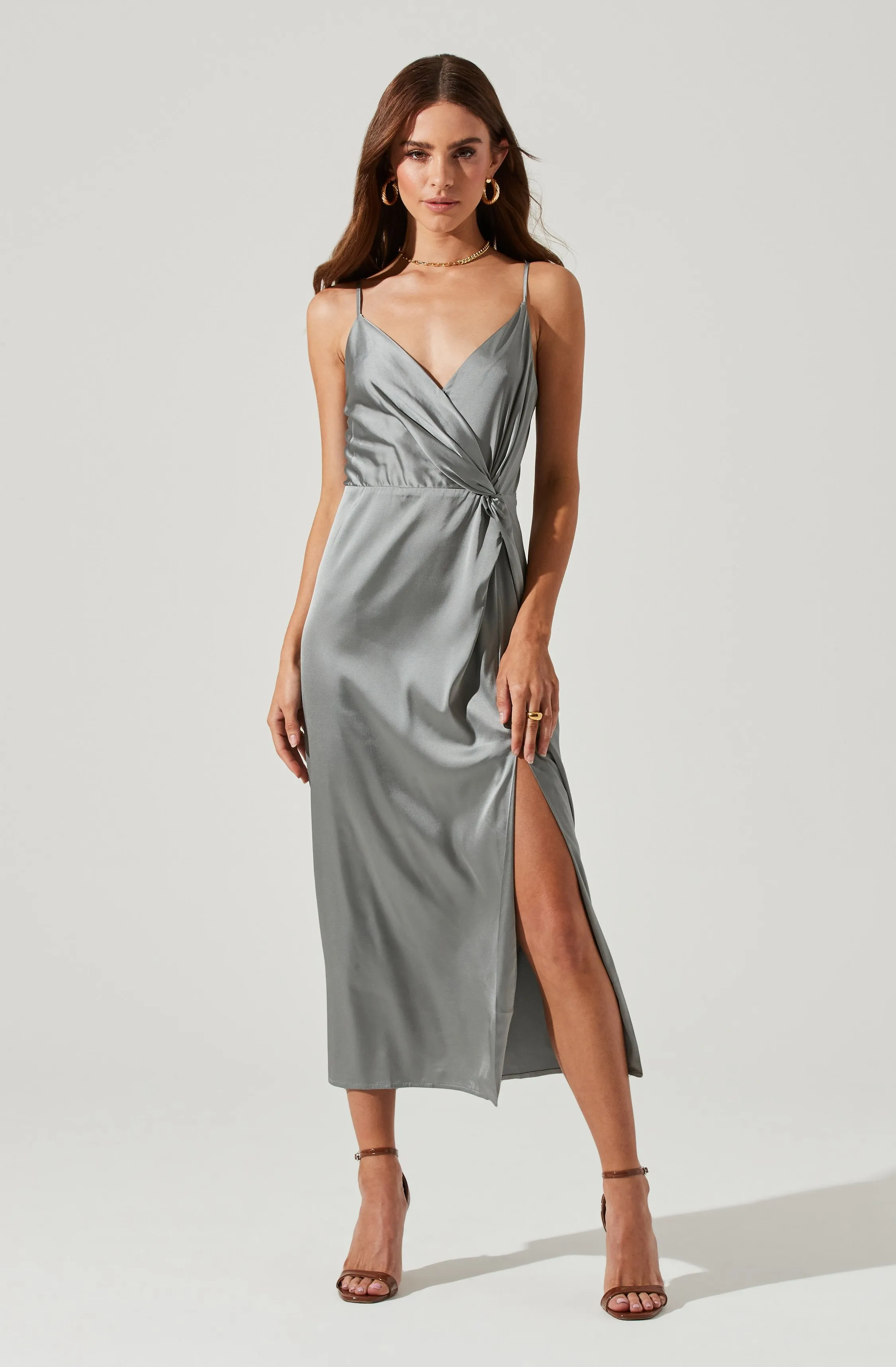 Twist Front Satin Midi Dress sold by Astr
