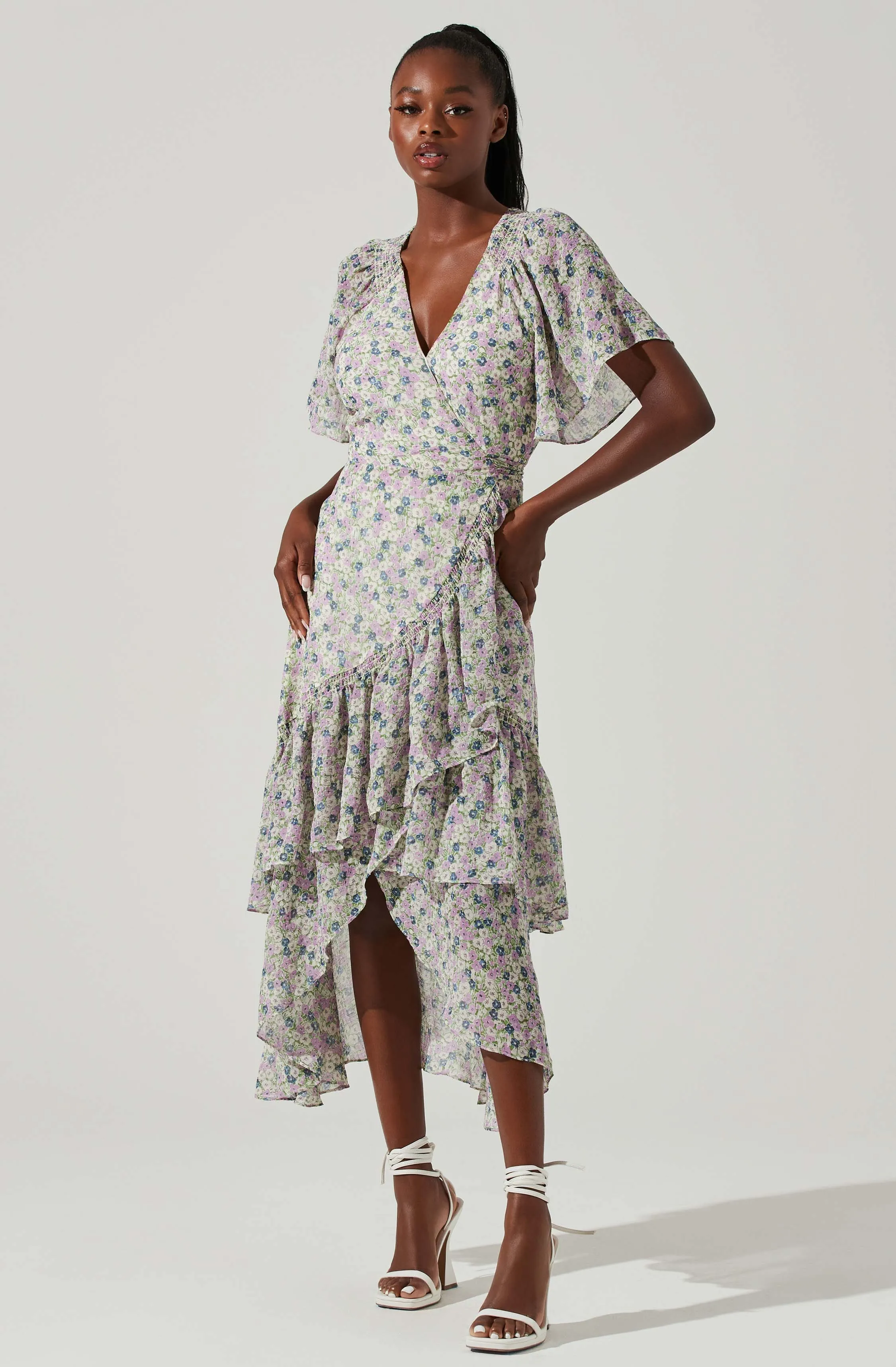 Adella Floral Ruffle Midi Dress sold by Astr
