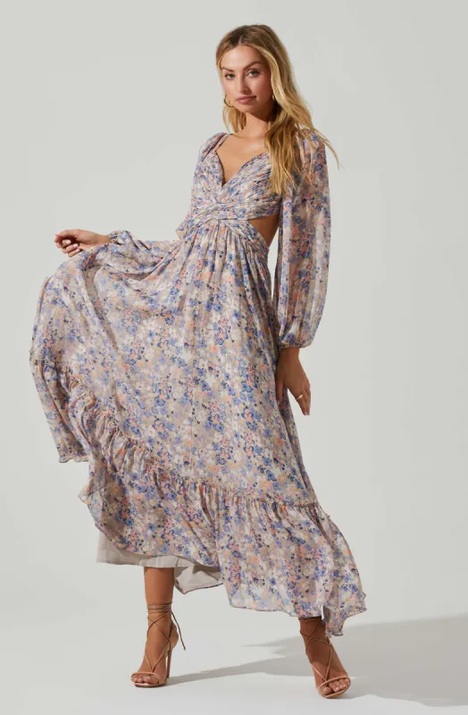 Kammy Floral Open Back Strappy Long Sleeve Maxi Dress sold by Astr