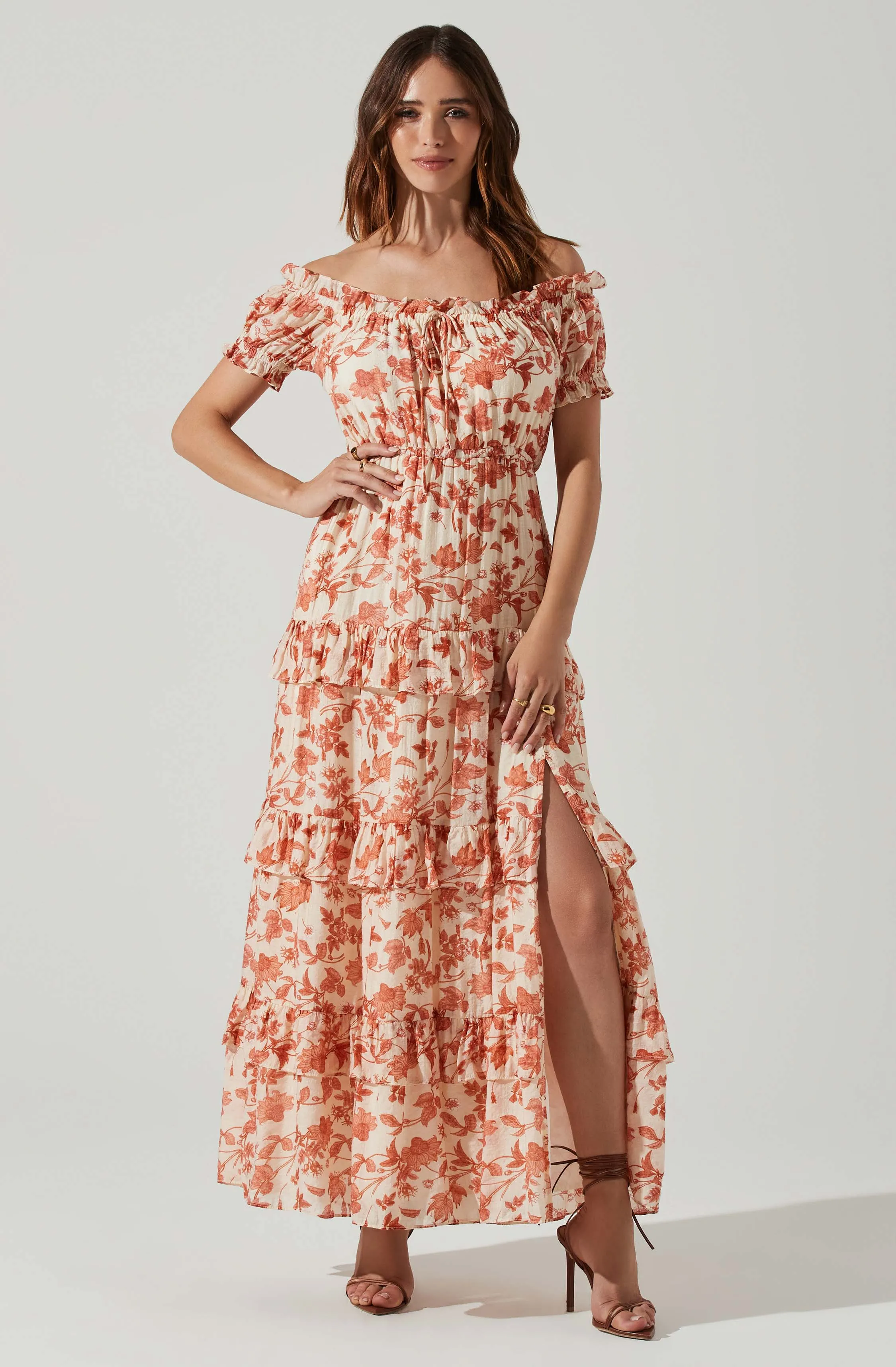 Viona Floral Off Shoulder Tiered Maxi Dress sold by Astr