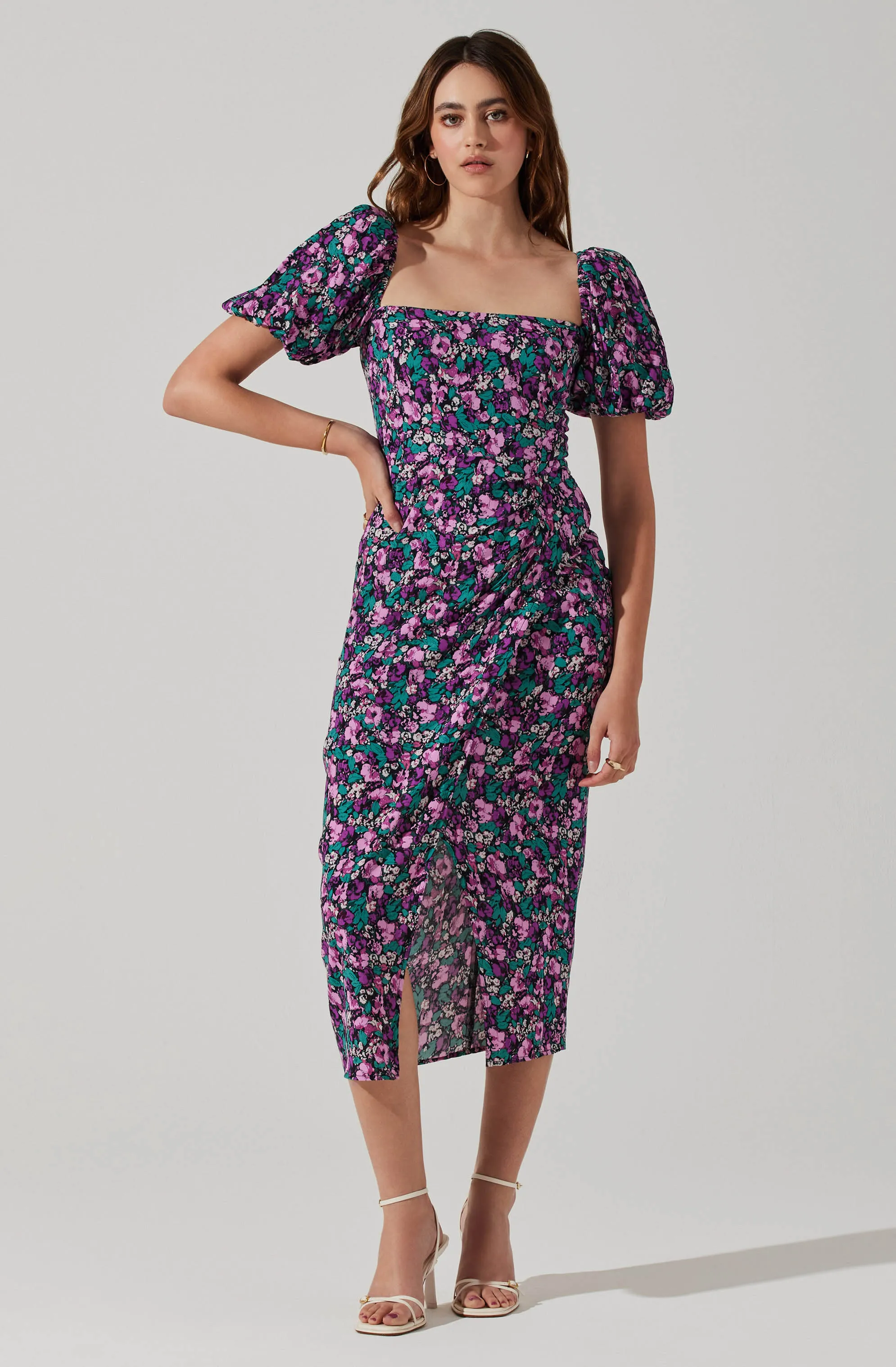 Floral Square Neck Slit Front Midi Dress sold by Astr