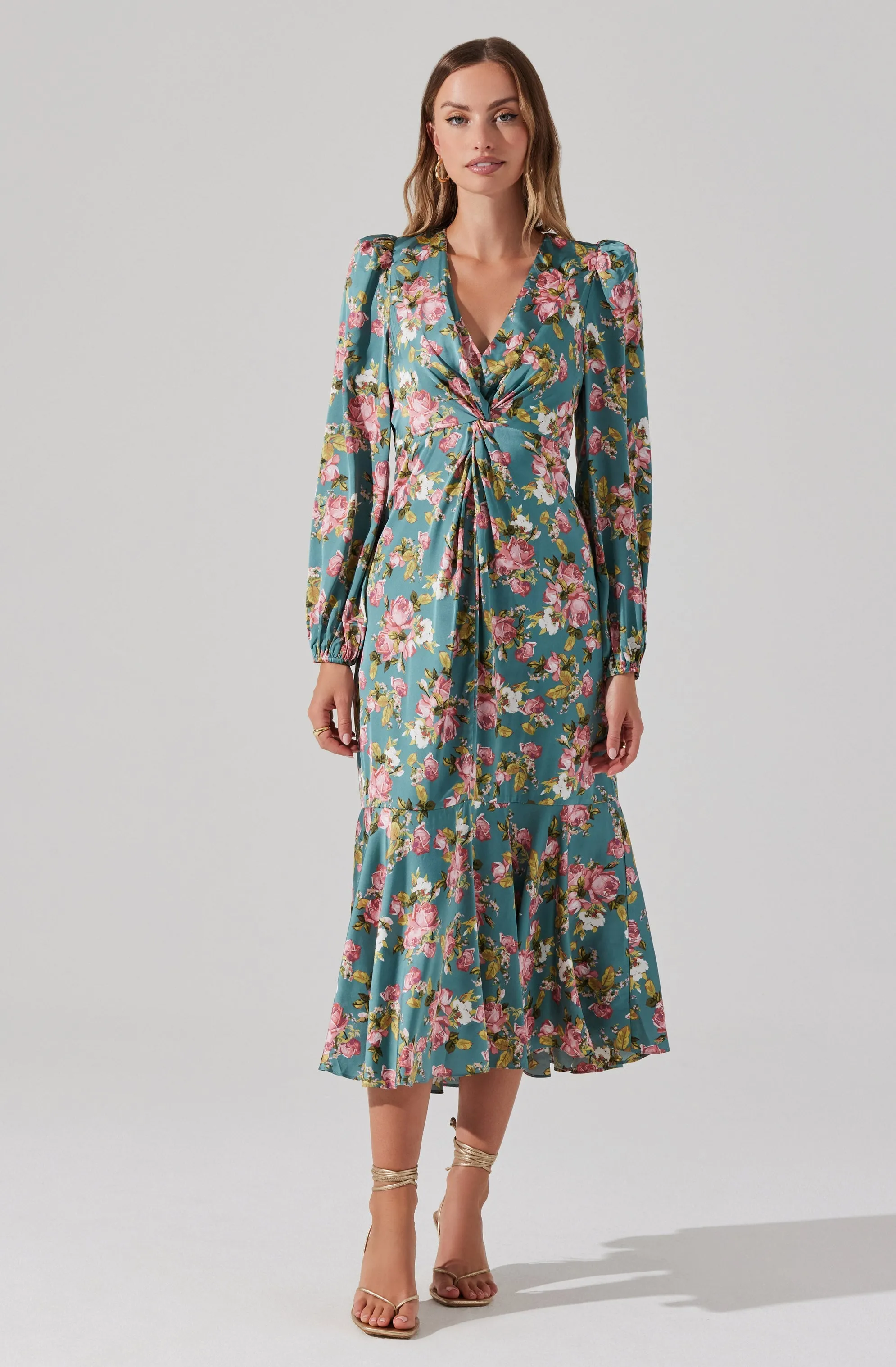 Satin Floral Twist V-Neck Midi Dress sold by Astr product image thumbnail 3