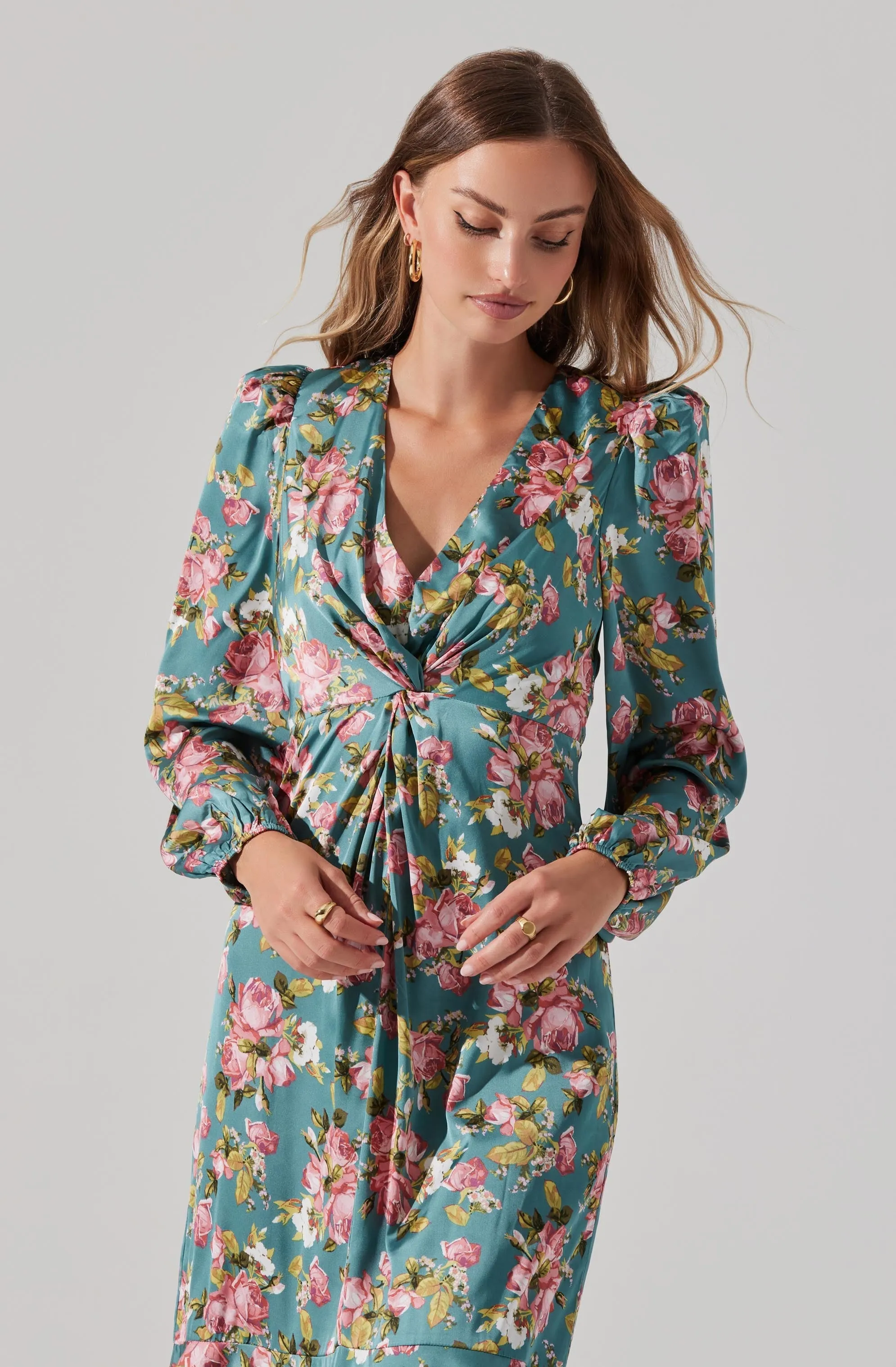 Satin Floral Twist V-Neck Midi Dress sold by Astr product image thumbnail 2