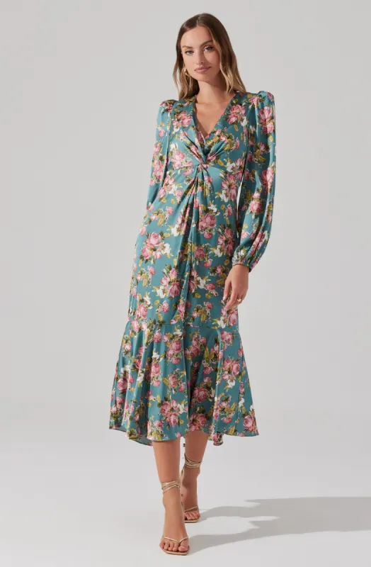 Satin Floral Twist V-Neck Midi Dress sold by Astr