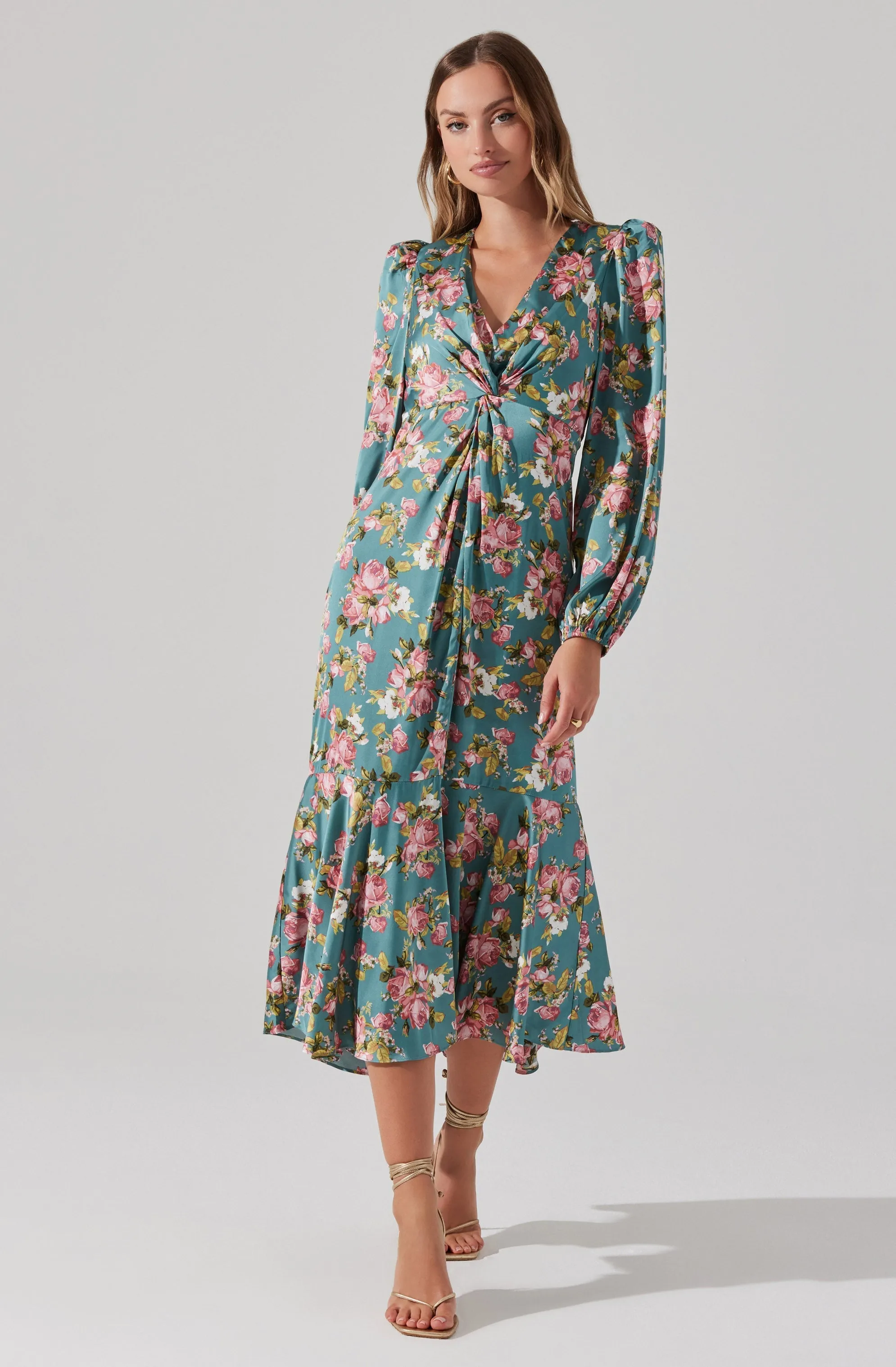 Satin Floral Twist V-Neck Midi Dress sold by Astr
