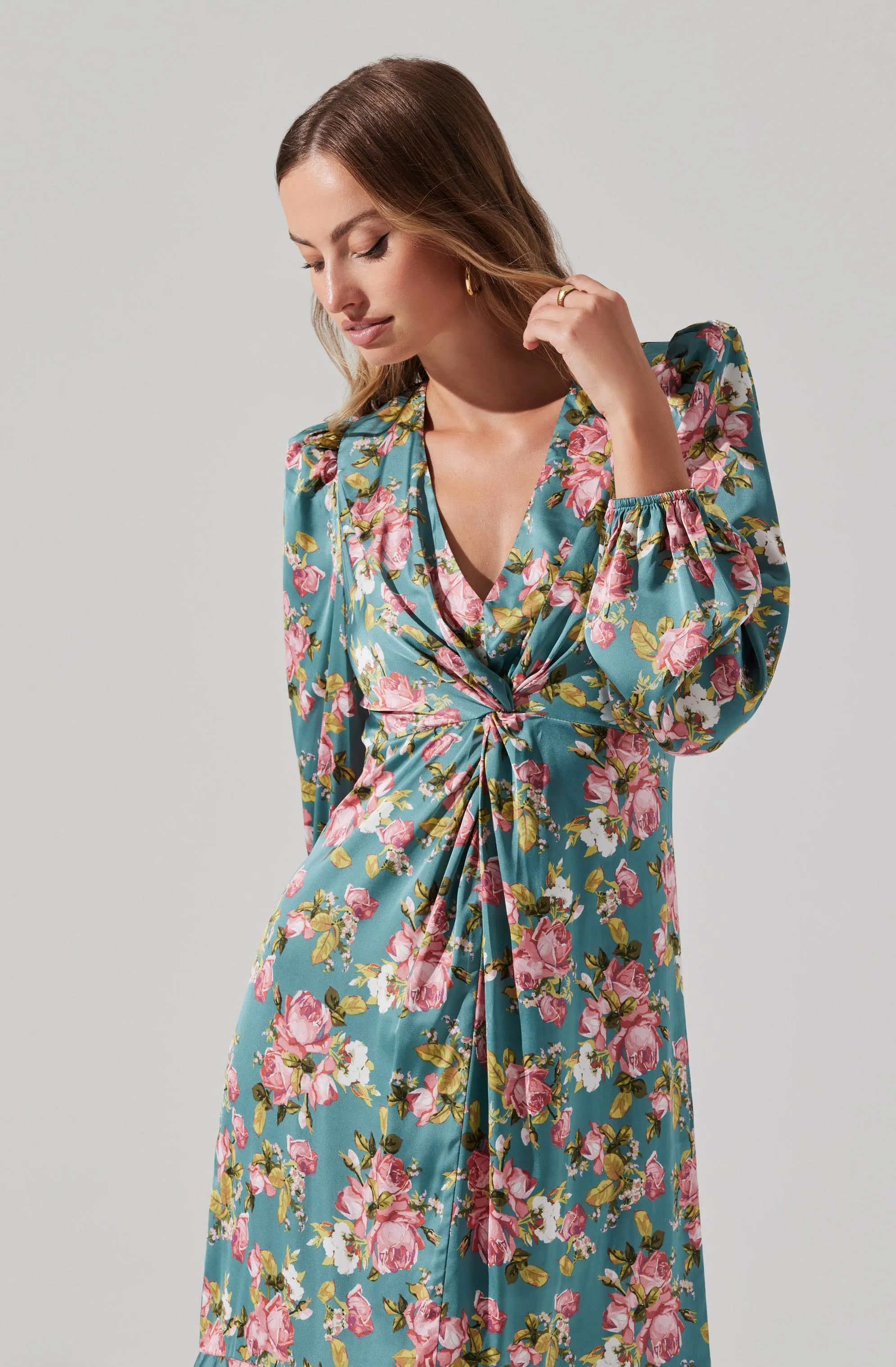 Satin Floral Twist V-Neck Midi Dress sold by Astr product image thumbnail 4