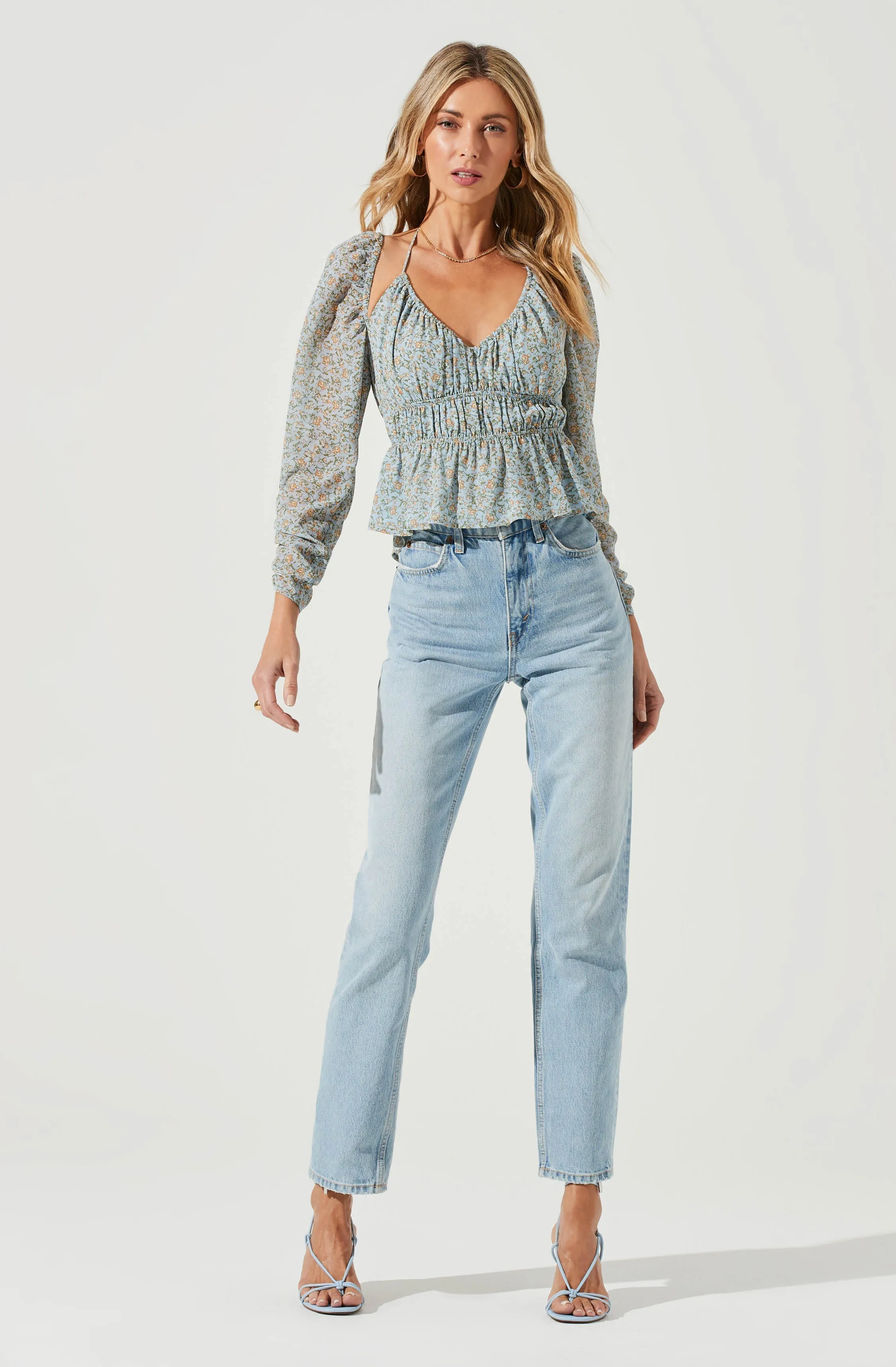 Floral Long Sleeve Shoulder Cutout Tie Neck Top sold by Astr product image thumbnail 4