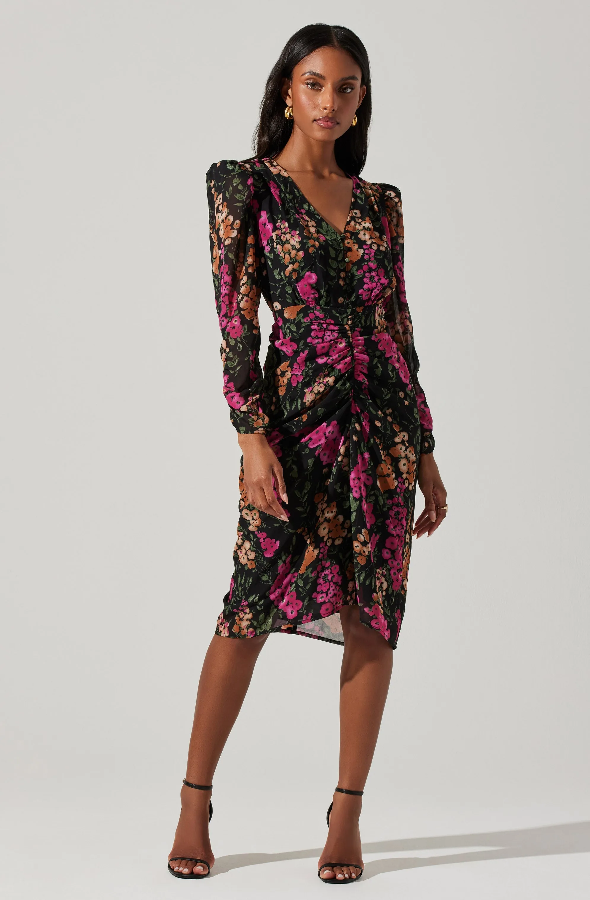 Floral Plunge Ruched Long Sleeve Midi Dress sold by Astr product image thumbnail 3