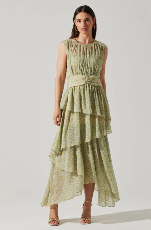 Clio Floral Tiered Ruffled Midi Dress sold by Astr