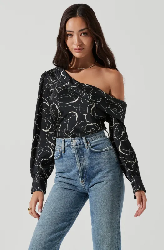 Asymmetrical Abstract Print One Shoulder Long Sleeve Top sold by Astr