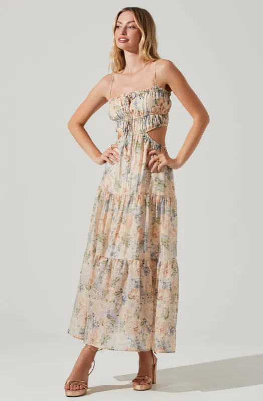 Odina Floral Smocked Tiered Midi Dress sold by Astr
