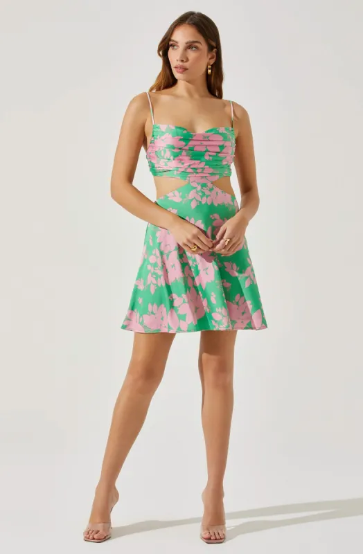 Ruched Cowl Cutout Satin Mini Dress sold by Astr